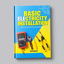 An educational book cover for "Basic Electricity Installation" by Ismael, featuring a dynamic design with a bright blue and yellow color theme