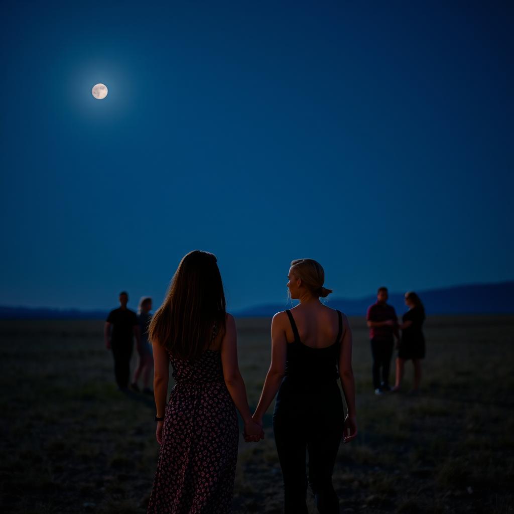 A woman holding hands with a friend at night, with a large moon in the distance