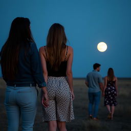 A woman holding hands with a friend at night, with a large moon in the distance