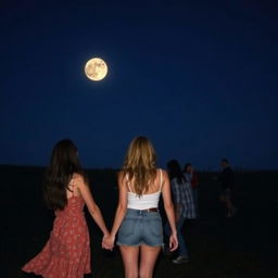 A woman holding hands with a friend at night, with a large moon in the distance