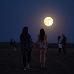 A woman holding hands with a friend at night, with a large moon in the distance