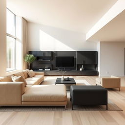 A modern living room design, emphasizing an open and spacious layout