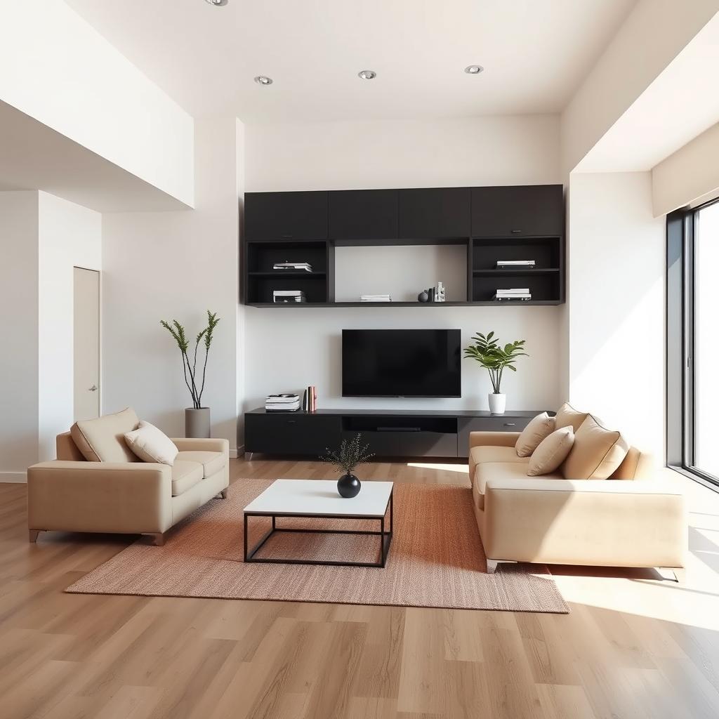 A modern living room design, emphasizing an open and spacious layout