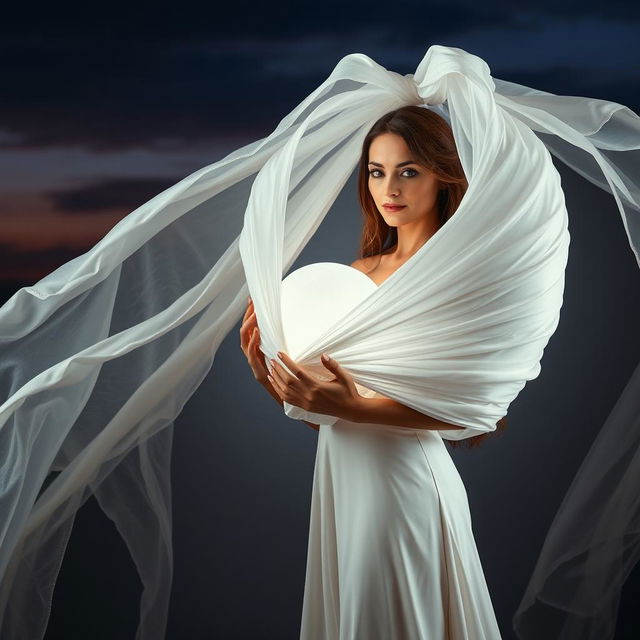 A captivating scene featuring a beautiful woman using her mystical ability to create a ball of white cloth to capture a man she is infatuated with