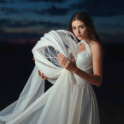 A captivating scene featuring a beautiful woman using her mystical ability to create a ball of white cloth to capture a man she is infatuated with