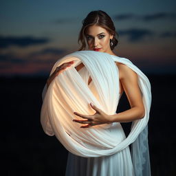 A captivating scene featuring a beautiful woman using her mystical ability to create a ball of white cloth to capture a man she is infatuated with