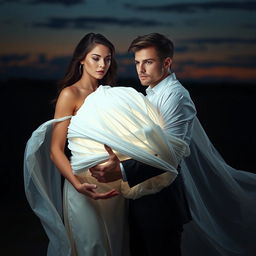 A captivating scene featuring a beautiful woman using her mystical ability to create a ball of white cloth to capture a man she is infatuated with