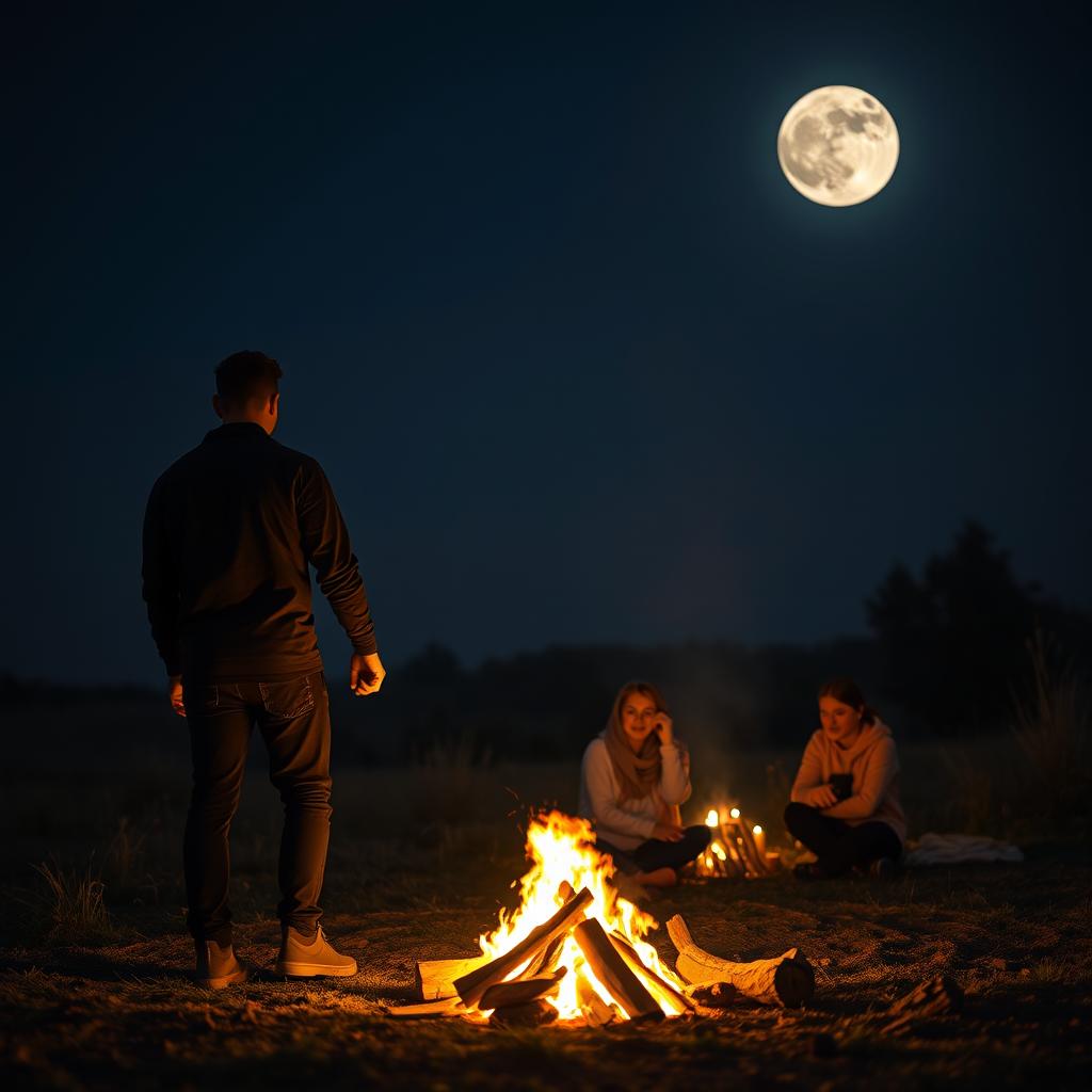 A couple, man and woman, holding hands at night with a very large moon in the distance