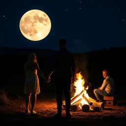 A couple, man and woman, holding hands at night with a very large moon in the distance