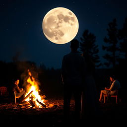 A couple, man and woman, holding hands at night with a very large moon in the distance