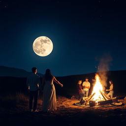 A couple, man and woman, holding hands at night with a very large moon in the distance