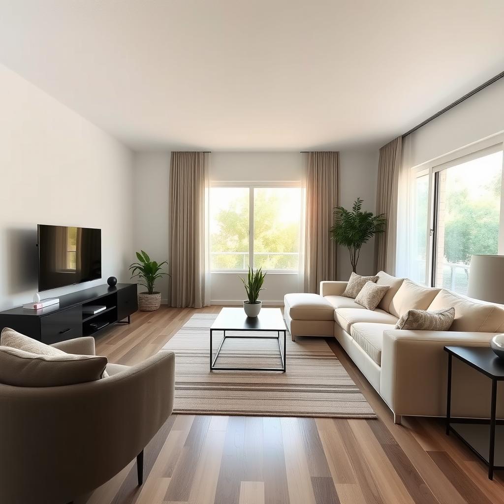 A modern and open living room, transformed from the original photo