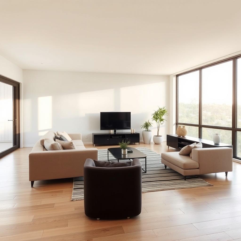 A modern and open living room, transformed from the original photo