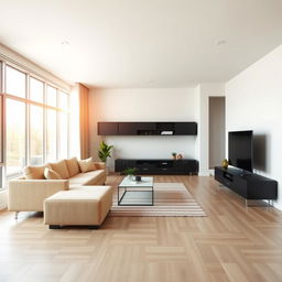 A modern and open living room, transformed from the original photo