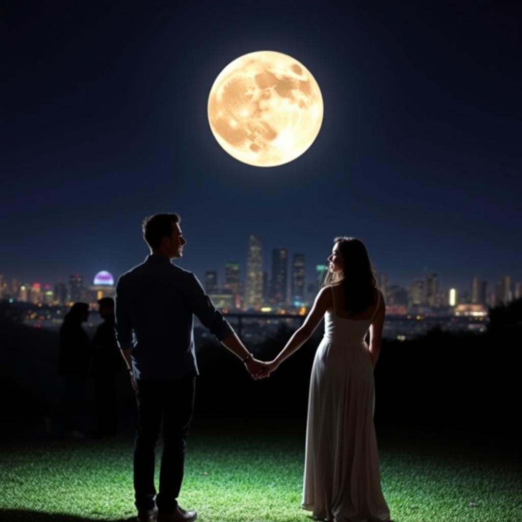 A couple, man and woman, holding hands at night with a very large moon in the sky