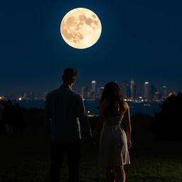 A couple, man and woman, holding hands at night with a very large moon in the sky