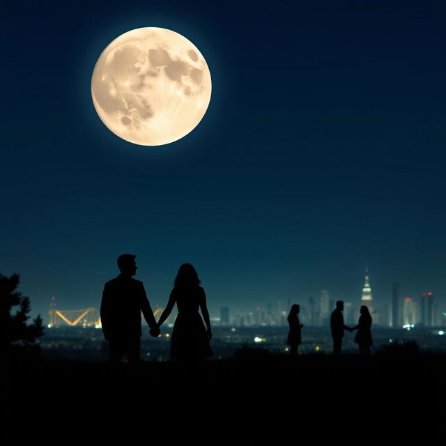 A couple, man and woman, holding hands at night with a very large moon in the sky