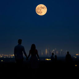 A couple, man and woman, holding hands at night with a very large moon in the sky