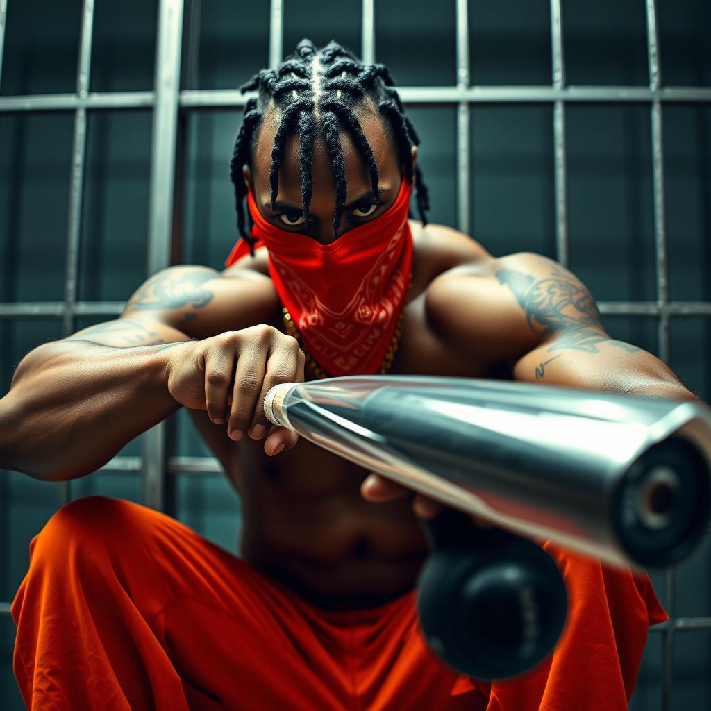 close-up of a muscular African American gang member in a prison cell, wearing baggy orange pants and a red bandana mask covering the nose and mouth