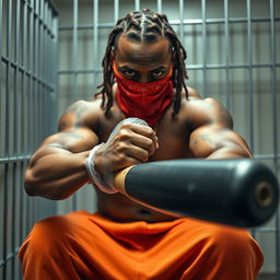 close-up of a muscular African American gang member in a prison cell, wearing baggy orange pants and a red bandana mask covering the nose and mouth