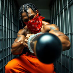 close-up of a muscular African American gang member in a prison cell, wearing baggy orange pants and a red bandana mask covering the nose and mouth