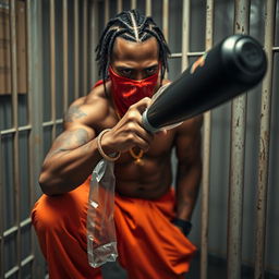 close-up of a muscular African American gang member in a prison cell, wearing baggy orange pants and a red bandana mask covering the nose and mouth