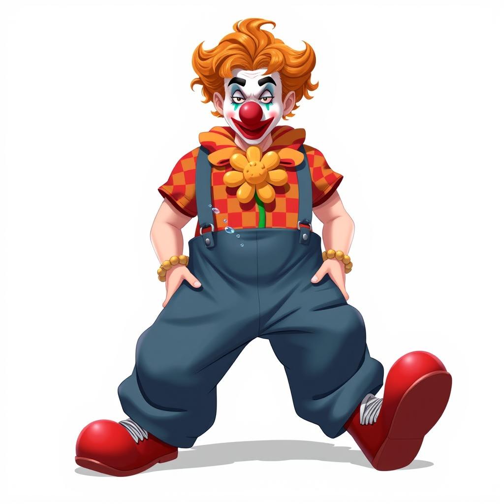 A semi-orc character with clown makeup and a clown nose