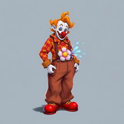 A semi-orc character with clown makeup and a clown nose