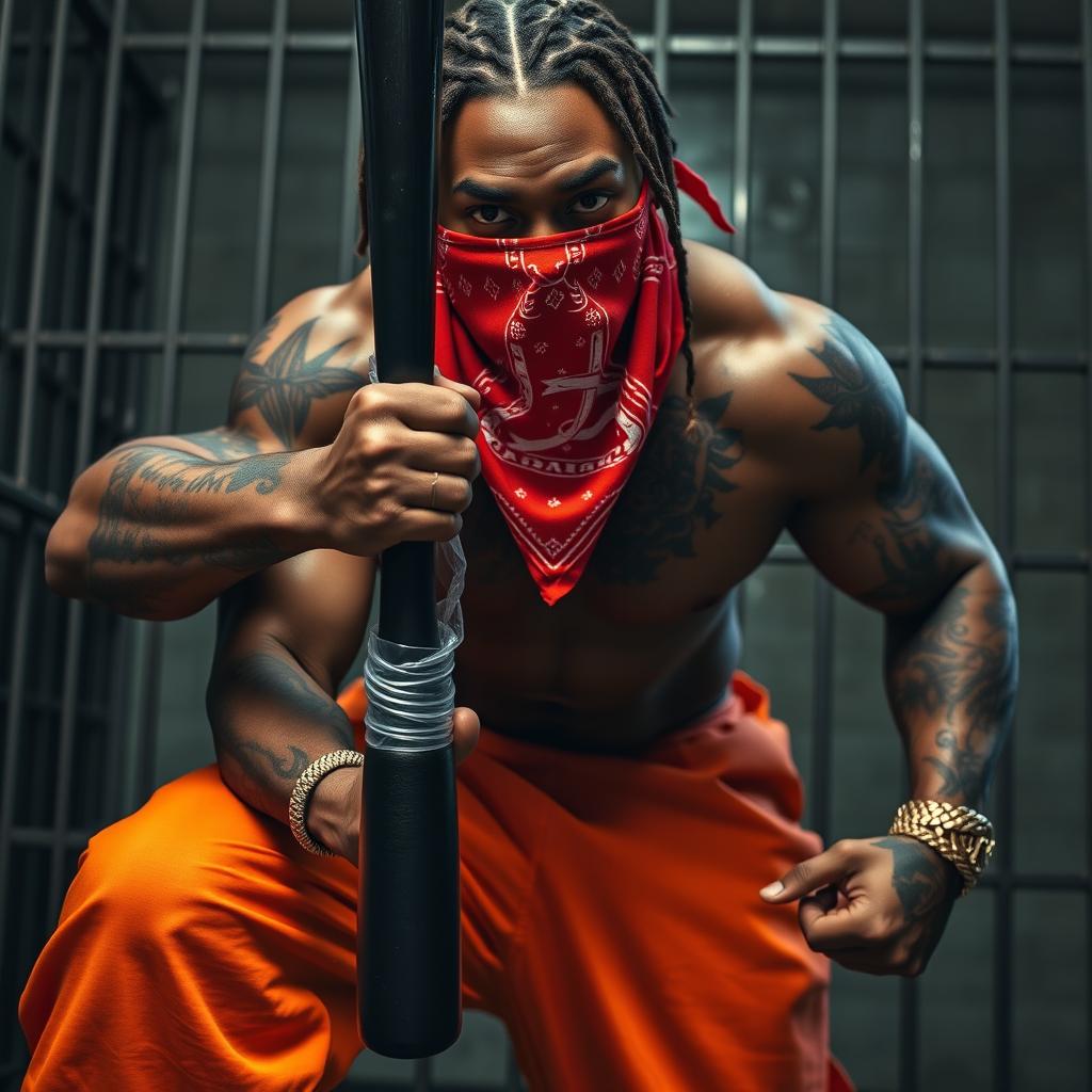 A close-up of a muscular African American gang member in an intense pose, wearing baggy orange pants and a red bandana mask covering his nose and mouth