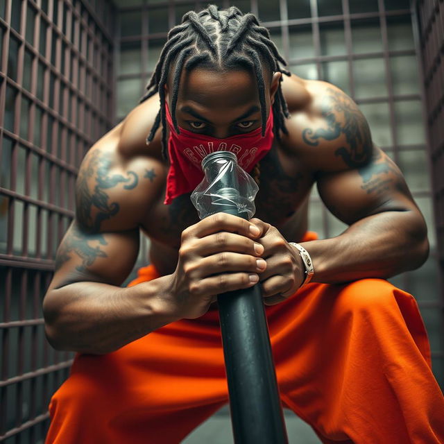 A close-up of a muscular African American gang member in an intense pose, wearing baggy orange pants and a red bandana mask covering his nose and mouth