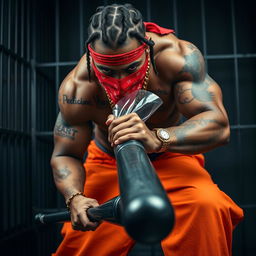 A close-up of a muscular African American gang member in an intense pose, wearing baggy orange pants and a red bandana mask covering his nose and mouth