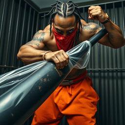 A close-up of a muscular African American gang member in an intense pose, wearing baggy orange pants and a red bandana mask covering his nose and mouth