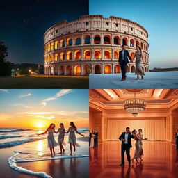 A collection of four distinct images: 1) The Roman Colosseum at night, illuminated by soft lights under a clear, starlit sky, capturing its ancient grandeur