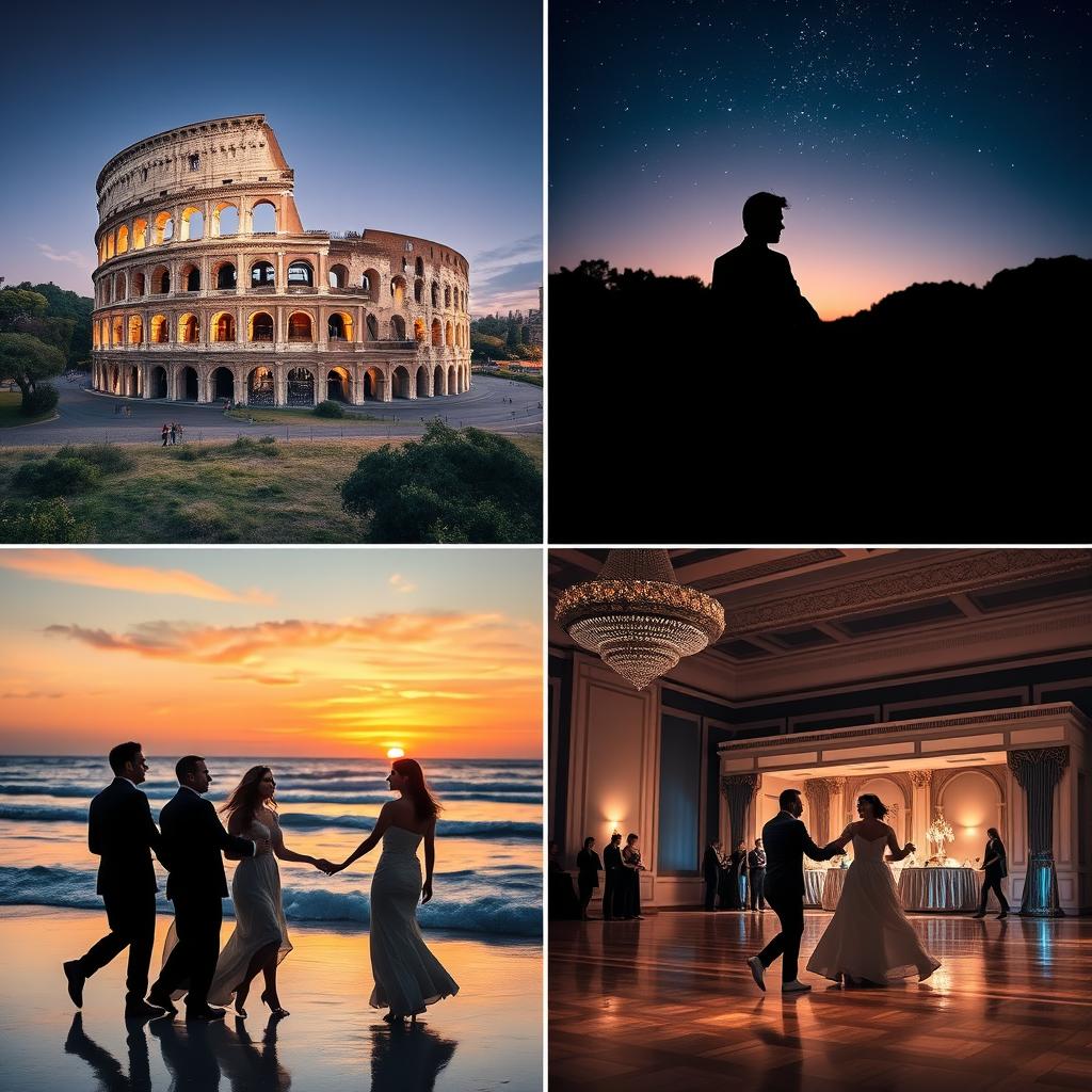 A collection of four distinct images: 1) The Roman Colosseum at night, illuminated by soft lights under a clear, starlit sky, capturing its ancient grandeur