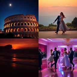 A collection of four distinct images: 1) The Roman Colosseum at night, illuminated by soft lights under a clear, starlit sky, capturing its ancient grandeur