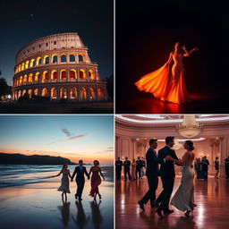 A collection of four distinct images: 1) The Roman Colosseum at night, illuminated by soft lights under a clear, starlit sky, capturing its ancient grandeur