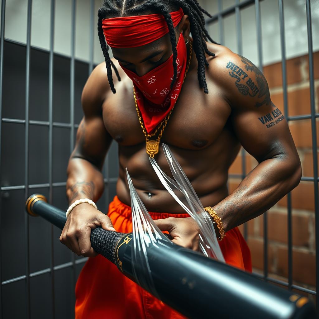 close-up of a muscular African American gang member in a prison cell, wearing baggy orange pants and a red bandana mask covering the nose and mouth