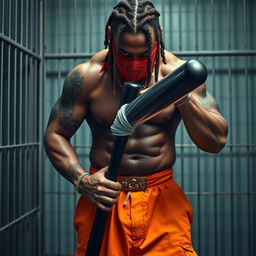 close-up of a muscular African American gang member in a prison cell, wearing baggy orange pants and a red bandana mask covering the nose and mouth