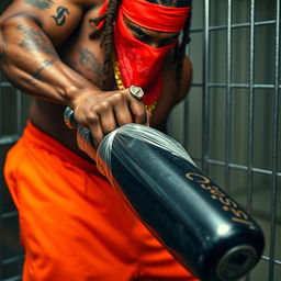 close-up of a muscular African American gang member in a prison cell, wearing baggy orange pants and a red bandana mask covering the nose and mouth