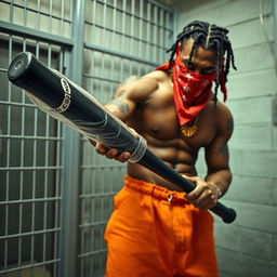 close-up of a muscular African American gang member in a prison cell, wearing baggy orange pants and a red bandana mask covering the nose and mouth