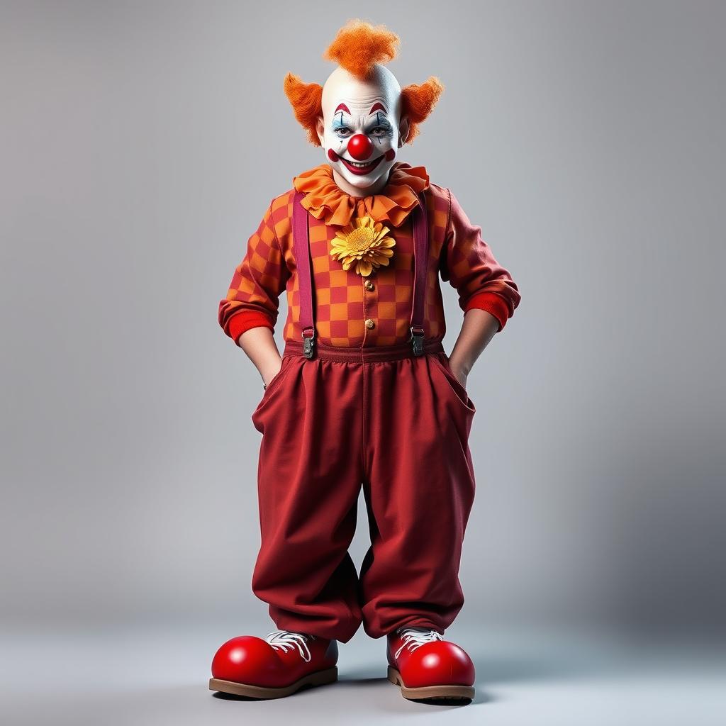 A semi-orc character with clown makeup and a clown nose, wearing oversized pants with two suspenders reaching up to the shoulders