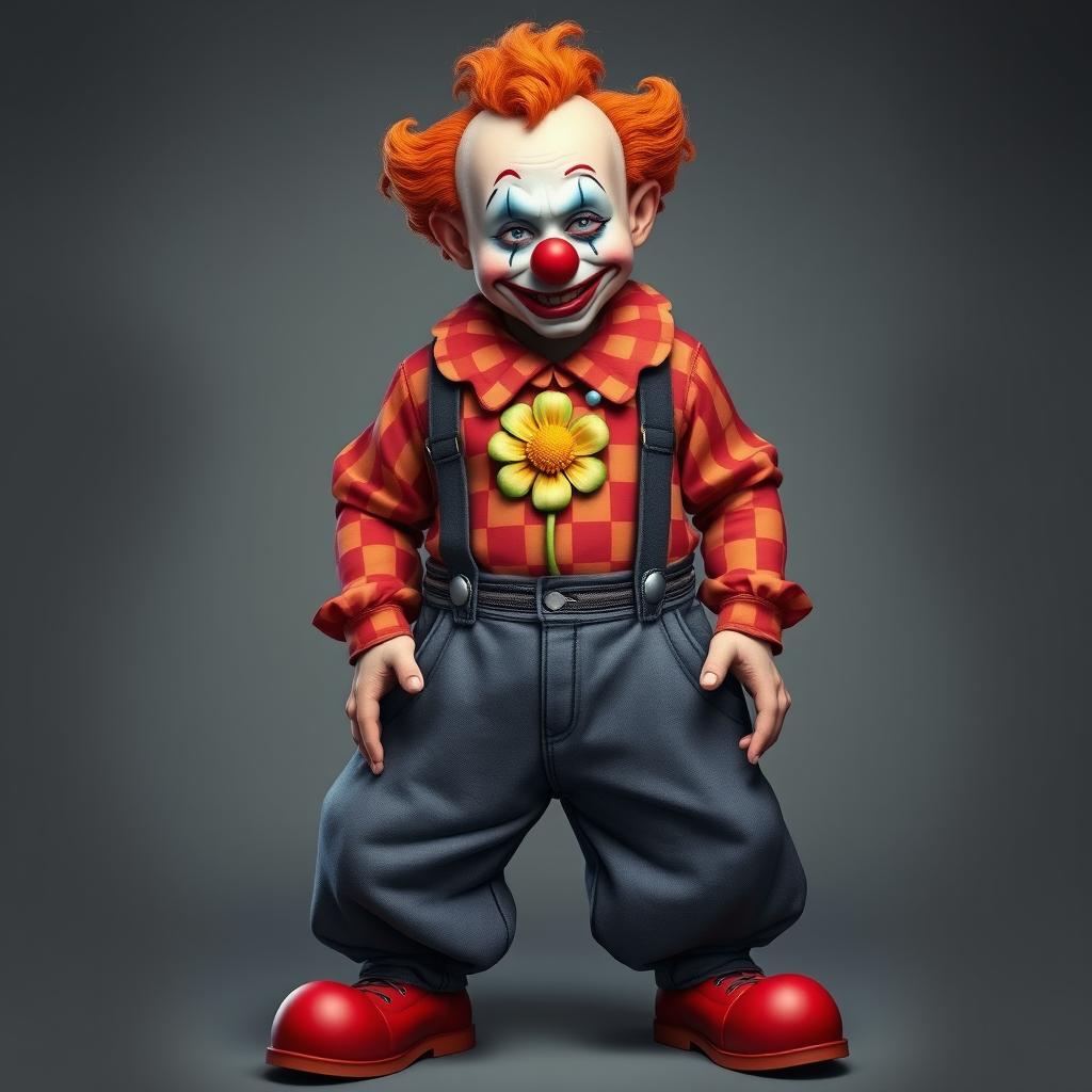 A semi-orc character with clown makeup and a clown nose, wearing oversized pants with two suspenders reaching up to the shoulders