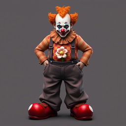 A semi-orc character with clown makeup and a clown nose, wearing oversized pants with two suspenders reaching up to the shoulders