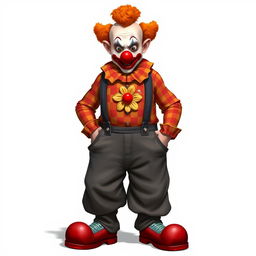 A semi-orc character with clown makeup and a clown nose, wearing oversized pants with two suspenders reaching up to the shoulders