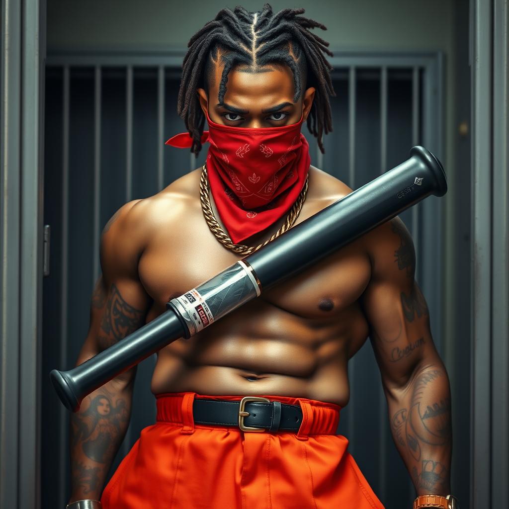 A powerful close-up depiction of a muscular African American gang member standing confidently in a prison cell