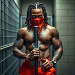 A powerful close-up depiction of a muscular African American gang member standing confidently in a prison cell