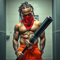 A powerful close-up depiction of a muscular African American gang member standing confidently in a prison cell