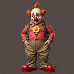 A semi-orc character with clown makeup and a clown nose, wearing oversized pants that make them look chubby with two suspenders reaching up to the shoulders