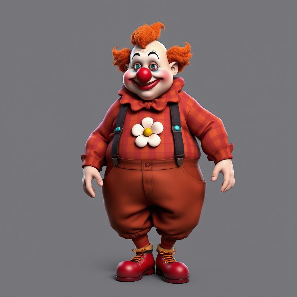 A semi-orc character with clown makeup and a clown nose, wearing oversized pants that make them look chubby with two suspenders reaching up to the shoulders