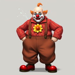 A semi-orc character with clown makeup and a clown nose, wearing oversized pants that make them look chubby with two suspenders reaching up to the shoulders